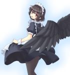  1girl alternate_costume bird_wings black_dress black_hair black_legwear black_wings dress enmaided gomi_(gomitin) maid maid_headdress open_mouth pantyhose pink_eyes pointy_ears puffy_short_sleeves puffy_sleeves shameimaru_aya short_sleeves smile solo touhou wings wrist_cuffs 