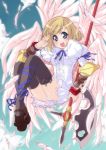  1girl :d axe blonde_hair blue_eyes feathered_wings gauntlets holding looking_at_viewer mary_janes open_mouth original salute shoes short_hair smile solo tagme tsurugi_yasuyuki weapon wings 