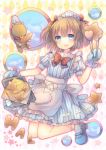  1girl :d blue_eyes blush bow bread brown_hair copyright_request food hair_bow hair_ribbon looking_at_viewer mittens open_mouth pjrmhm_coa ribbon smile solo stuffed_animal stuffed_cat stuffed_toy tagme two_side_up 