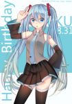  1girl 2014 artist_name blue_eyes blue_hair character_name dated detached_sleeves hand_on_hip happy_birthday hatsune_miku itsuki_(yishu) long_hair necktie open_mouth skirt solo thigh-highs twintails very_long_hair vocaloid 