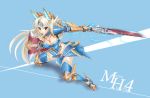  1girl armor between_breasts bikini_armor blue_background blue_legwear blush breasts cleavage electricity fighting_stance fur_trim gauntlets highres holding holding_sword holding_weapon kurokage long_hair monster_hunter monster_hunter_4 navel open_mouth pauldrons red_eyes solo sword text thigh-highs title weapon white_hair zinogre_(armor) 