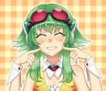  1girl ^_^ chroma_(chroma000) closed_eyes fingers_to_cheeks goggles goggles_on_head green_hair grin gumi headphones looking_at_viewer short_hair short_hair_with_long_locks smile solo tagme vocaloid 