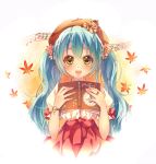  1girl aqua_hair book hatsune_miku leaf long_hair mitsuhachi8 musical_note open_mouth solo twintails vocaloid yellow_eyes 