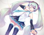  1girl blue_eyes detached_sleeves green_hair hatsune_miku highres long_hair necktie niwashi_(yuyu) one_eye_closed pointing skirt smile solo thigh-highs twintails v very_long_hair vocaloid 
