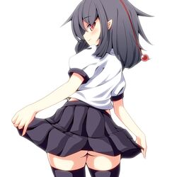  1girl ass black_hair looking_at_viewer no_panties oimonocake pointy_ears red_eyes shameimaru_aya short_hair skirt skirt_lift solo thigh-highs touhou 