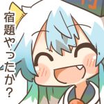  1girl blue_hair blush chibi closed_eyes fang hat horns kamishirasawa_keine long_hair lowres multicolored_hair open_mouth rebecca_(keinelove) smile touhou translation_request two-tone_hair 
