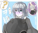  1girl aqua_eyes blush cape hat hat_removed headwear_removed kantai_collection musouzuki open_mouth pale_skin petting shinkaisei-kan short_hair silver_hair solo thought_bubble translation_request wo-class_aircraft_carrier 