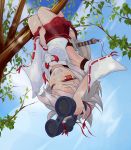  1girl animal_ears armpits binoculars blue_sky clouds covering covering_crotch dappled_sunlight grin hanging hanging_from_tree highres ichinen_konto inubashiri_momiji long_sleeves one_eye_closed red_eyes shirt silver_hair skirt sky smile solo sword tail touhou tree upside-down weapon wide_sleeves wolf_ears wolf_tail 
