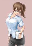  1girl alternate_costume bespectacled black-framed_glasses black_legwear brown_eyes brown_hair cowboy_shot glasses ishii_hisao kaga_(kantai_collection) kantai_collection papers pencil_skirt pink_background semi-rimless_glasses short_hair side_ponytail skirt solo teacher under-rim_glasses 