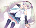  1girl blue_eyes detached_sleeves green_hair hatsune_miku headset highres long_hair necktie niwashi_(yuyu) one_eye_closed pointing revision skirt smile solo thigh-highs twintails v very_long_hair vocaloid 
