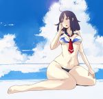  1girl bare_shoulders barefoot bikini black_hair clouds gensokigou kantai_collection navel necktie red_eyes short_hair solo swimsuit taigei_(kantai_collection) thick_thighs thighs wide_hips 