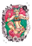  1boy 1girl azumadori_tsugumi butterfly cd coco_jumbo dio_brando dolphin flower giorno_giovanna jojo_no_kimyou_na_bouken kuujou_jolyne midriff photo_(object) string traditional_media turtle watercolor_(medium) 