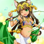  1girl :d ;d alice_bambi animal_ears armlet bare_shoulders bastet_(p&amp;d) bracer brown_hair cat_ears cat_tail closed_eyes egyptian egyptian_clothes fang green_eyes jewelry leg_up light_particles long_hair musical_note navel necklace one_eye_closed open_mouth paw_pose puzzle_&amp;_dragons skirt smile solo tail tubetop white_skirt 