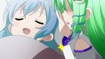  2girls blue_hair commentary_request cushion detached_sleeves frog_hair_ornament gochuumon_wa_usagi_desuka? gohei green_hair hair_ornament highres japanese_clothes kochiya_sanae long_hair miko multiple_girls open_mouth shaded_face shimashima_nezumi short_hair sleeping smile snake_hair_ornament tatara_kogasa touhou 