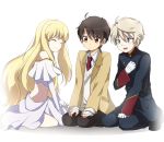  1girl 2boys aldnoah.zero asseylum_vers_allusia bare_shoulders blonde_hair boots brown_eyes brown_hair closed_eyes commentary dress green_eyes kaizuka_inaho kneeling long_hair military military_uniform multiple_boys necktie school_uniform short_hair silver_hair sitting slaine_troyard smile sweater_vest uniform wariza white_background 