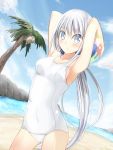  1girl armpits arms_up ball beach beachball blush clouds coconut_tree covered_navel hako_roku long_hair looking_at_viewer ocean original palm_tree school_swimsuit silver_hair sky solo swimsuit tree very_long_hair white_school_swimsuit white_swimsuit 