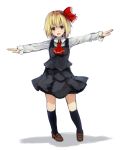  1girl :d ascot blonde_hair fang hair_ribbon highres open_mouth outstretched_arms red_eyes ribbon rumia shirt short_hair skirt smile spread_arms touhou vest wowoguni 