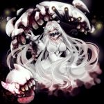  1girl ahoge asato_y bare_shoulders black_nails breasts cleavage collarbone covered_mouth dress eyelashes kantai_collection large_breasts light_particles long_hair long_sleeves midway_hime shinkaisei-kan solo turret veins very_long_hair white_dress white_eyes white_hair white_skin 