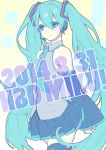  1girl 2014 dated detached_sleeves green_eyes green_hair gyumo happy_birthday hatsune_miku headset long_hair necktie skirt smile solo thigh-highs twintails very_long_hair vocaloid 