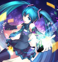  1girl aqua_eyes aqua_hair detached_sleeves hatsune_miku headphones kururi_(oekaki_nikki) long_hair musical_note nail_polish necktie outstretched_arms skirt solo spread_arms thigh-highs twintails very_long_hair vocaloid 