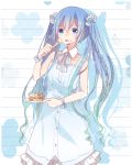 1girl aqua_hair blue_hair braid cake dress eating food food_on_face fork hatsuki hatsune_miku highres long_hair open_mouth solo twintails very_long_hair vocaloid 