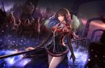  1girl arch brown_hair capelet city cloak dark dress earrings elbow_gloves faceless fantasy gloves hood jewelry jname light_particles long_hair magic pointy_ears polearm red_dress red_eyes short_dress sky solo_focus spear staff walking weapon 