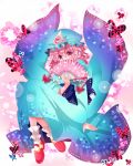  1girl butterfly fan hat hidden_mouth japanese_clothes kimono nagare pink_eyes pink_hair saigyouji_yuyuko sash solo touhou triangular_headpiece wide_sleeves 