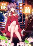  1girl artist_request bare_shoulders china_dress chinese_clothes detached_sleeves fan feet_in_water flower folding_fan hair_flower hair_ornament highres lantern legs lips long_hair lotus original purple_hair red_eyes sitting smile soaking_feet solo tagme water window 