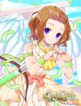  1girl arrow ascot bow_(weapon) brown_hair chrono_dios copyright_name feathered_wings heart heart_hands looking_at_viewer official_art original purin_jiisan short_hair smile solo tagme violet_eyes weapon wings wrist_cuffs 