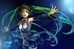  1girl armpits detached_sleeves feng_you floating_hair green_eyes green_hair hatsune_miku long_hair necktie open_mouth outstretched_arms skirt solo spread_arms twintails very_long_hair vocaloid 