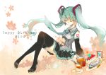  1girl 2014 artist_name boots cake candle character_name closed_eyes cup dated detached_sleeves food fork green_hair happy_birthday hatsune_miku highres hourglass ironaki long_hair necktie sitting skirt solo sugar_cube teacup teapot thigh-highs thigh_boots twintails very_long_hair vocaloid 