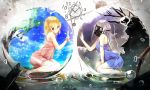  2girls arm_up bare_shoulders blonde_hair broken bubble clock dress gas_mask kneeling long_hair marble multiple_girls off_shoulder original red_eyes reio_reio short_hair silver_hair strap_slip 