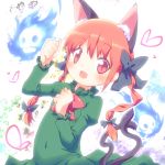  1girl :3 :d animal_ears ayakashi_(monkeypanch) bow braid cat_ears cat_tail fang hair_bow hair_ribbon kaenbyou_rin long_hair looking_at_viewer multiple_tails navel open_mouth paw_pose red_eyes redhead ribbon smile solo tagme tail touhou twin_braids 