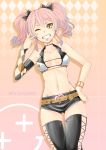  1girl ;d absurdres argyle argyle_background bare_shoulders black_legwear bracelet character_name choker collarbone crop_top earrings grin hand_on_hip highres idolmaster idolmaster_cinderella_girls jewelry jougasaki_mika looking_at_viewer navel one_eye_closed open_mouth pink_hair short_hair short_shorts short_twintails shorts smile smiley_face solo thigh-highs twintails v_over_eye x_x yasai_no_ou-sama_lettuce 