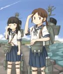  2girls bangs black_eyes black_hair blue_skirt blunt_bangs chi-kun_(seedyoulater) condensation_trail half-closed_eyes hatsuyuki_(kantai_collection) highres kantai_collection long_hair looking_at_viewer machinery messy_hair multiple_girls navel neckerchief ocean pleated_skirt rubbing_eyes sailor_collar salute school_uniform serafuku shirayuki_(kantai_collection) short_hair short_twintails skirt thigh_strap twintails wink 