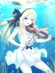  1girl bare_shoulders blonde_hair blue_eyes bow_(instrument) bubble fal hair_ribbon highres instrument long_hair looking_at_viewer open_mouth original pantyhose ribbon solo underwater violin 