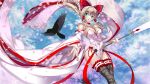  alternate_costume blonde_hair bow cherry_blossoms detached_sleeves hair_tubes highres janna_windforce league_of_legends raven_(animal) ribbon staff thigh-highs 