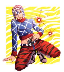  1boy blood broken_glass bullet_hole giorno_giovanna glass guido_mista gun hat holiday-jin jojo_no_kimyou_na_bouken midriff revolver solo tiger_print weapon 