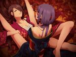  2girls bare_legs bare_shoulders brown_hair hair_over_one_eye highres japanese_clothes kimono lips long_hair looking_at_viewer lying matsuda_mattsun multiple_girls on_back open_clothes pink_eyes purple_hair ribbon sarashi sitting sitting_on_person 