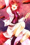  1girl arm_up between_breasts boots drum drum_set drumsticks horikawa_raiko instrument jacket kozuki_kai necktie necktie_between_breasts open_clothes open_jacket open_mouth red_eyes redhead shirt sitting_on_drum skirt solo touhou 