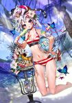  1girl ball beachball bikini blurry breasts cat cleavage dahl-lange depth_of_field flower hair_ornament kneeling open_mouth popsicle qurare_magic_library short_hair striped striped_swimsuit swimsuit tagme violet_eyes white_hair 
