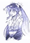  1girl daniel_j._luis food_in_mouth hatsune_miku japanese_clothes kimono long_hair monochrome mouth_hold musical_note obi sash scrunchie signature sketch solo spring_onion twintails vocaloid 