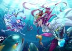  2girls animal aqua_eyes arm_up arm_warmers bare_shoulders barefoot blue_hair blue_skin bracelet breasts bubble circlet cleavage collarbone coral fish fish_tail frills hair_ornament head_fins holding horn instrument jewelry long_hair mermaid midriff monster_girl multiple_girls neko_eel open_mouth plesios_(p&amp;d) purple_hair puzzle_&amp;_dragons seahorse siren_(p&amp;d) tiara trumpet underwater undine_(p&amp;d) very_long_hair violet_eyes water 