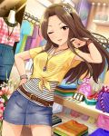 1girl artist_request belt bracelet brown_eyes brown_hair clothes_hanger clothes_rack crop_top denim_skirt front-tie_top hand_on_hip idolmaster idolmaster_cinderella_girls jewelry komuro_chinami long_hair looking_at_viewer official_art one_eye_closed parted_lips shopping tied_shirt 