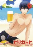  1boy alcohol beach beer black_hair blue_eyes flower free! hair_flower hair_ornament iwatobi-chan jammers nanase_haruka_(free!) shirtless short_hair water 