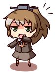  1girl :d ascot brown_hair chibi full_body green_eyes hair_ornament kantai_collection kukku kumano_(kantai_collection) long_hair looking_at_viewer open_mouth ponytail school_uniform smile solo tagme 