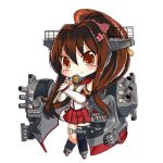  1girl brown_eyes brown_hair chibi detached_sleeves erusen_(des-arms) hair_ornament kantai_collection long_hair looking_at_viewer machinery pleated_skirt ponytail skirt smile solo tagme turret yamato_(kantai_collection) 