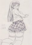  1girl :d ass blush breasts collared_shirt glasses kneeling kobayakawa_horan large_breasts long_hair long_sleeves looking_at_viewer looking_back miniskirt monochrome nekokami open_mouth original plump sketch skindentation skirt smile solo straight_hair thick_thighs thighhighs thighs 