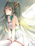  1girl artist_name dress food food_as_clothes fruit green_eyes green_hair happy_birthday hatsune_miku long_hair sitting solo strawberry thigh-highs twintails very_long_hair vocaloid yueyuki 