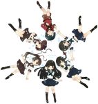  6+girls ayanami_(kantai_collection) bangs black_eyes black_hair black_legwear blunt_bangs braid brown_eyes brown_hair circle_formation closed_eyes hair_ribbon hands_clasped hatsuyuki_(kantai_collection) isonami_(kantai_collection) kantai_collection kneehighs long_hair long_sleeves lying miyuki_(kantai_collection) mogami_(kantai_collection) multiple_girls ponytail ribbon school_uniform serafuku shikinami_(kantai_collection) short_hair short_sleeves shorts side_ponytail skirt smile star sumisu_(rinsumi) 